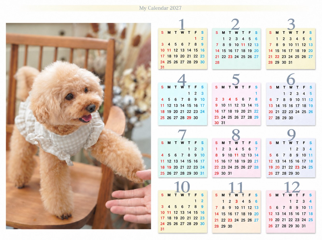 うちの子カレンダーの見本（ペットの写真と12か月のカレンダー）